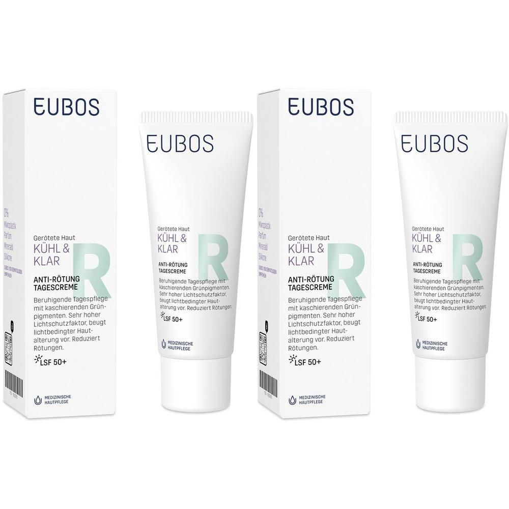 Mehrere Tuben und Verpackungen von EUBOS Kühl & Klar Anti-Rötung Tagescreme LSF 50+.