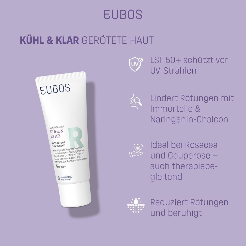EUBOS Kühl & Klar Anti-Rötung Tagescreme LSF 50+ mit Text. Schützt vor UV-Strahlen, lindert Rötungen.