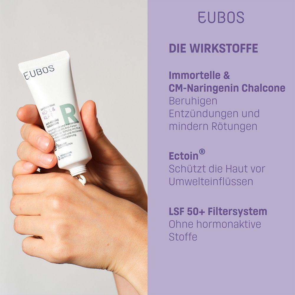 Hand mit Creme von EUBOS Kühl & Klar Anti-Rötung Tagescreme LSF 50+. Text: Wirkstoffe, Ectoin.