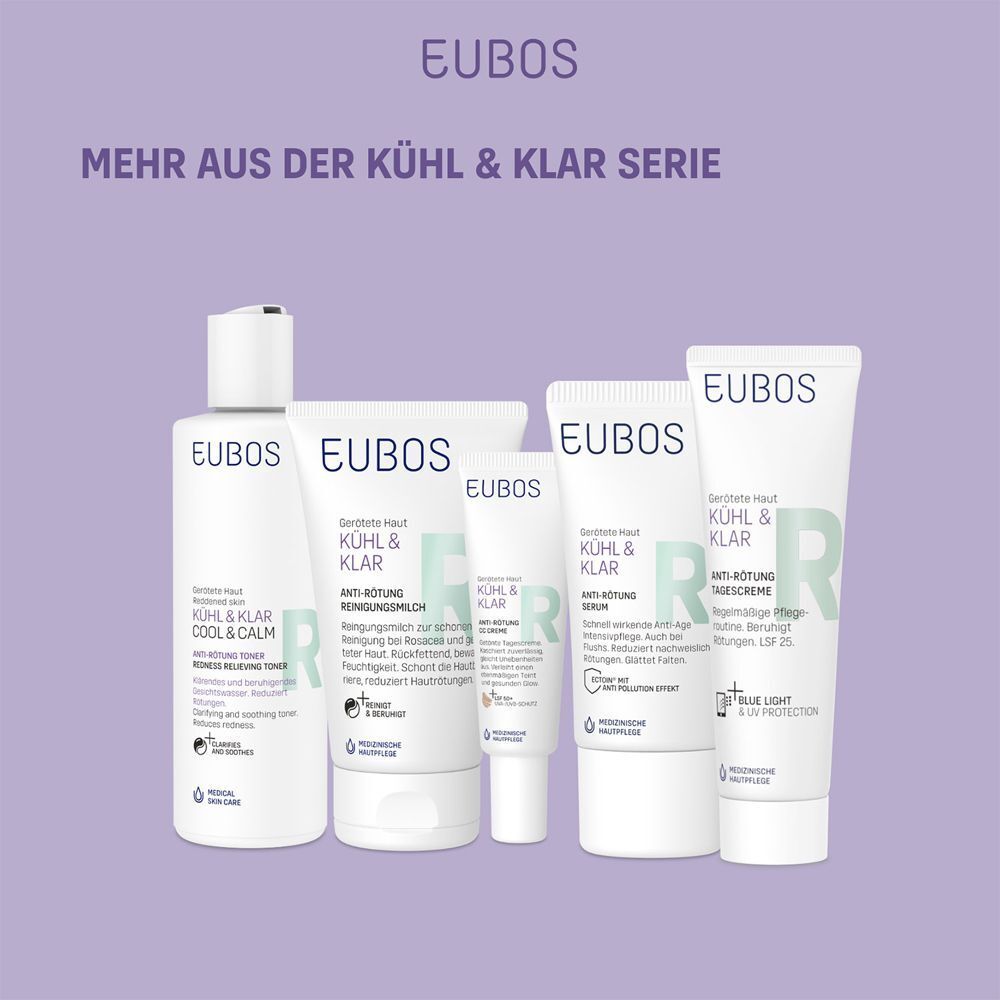 Verschiedene Produkte der Kühl & Klar Serie von EUBOS. Anti-Rötung Toner, Serum, Tagescreme.