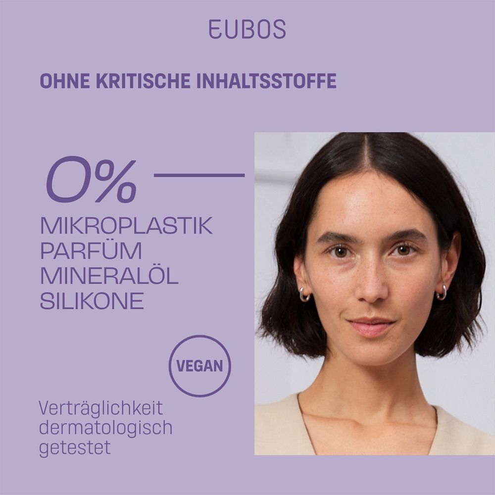 Gesicht einer Frau. Text: 0% Mikroplastik, Parfum, Mineralöl, Silikone. Vegan.
