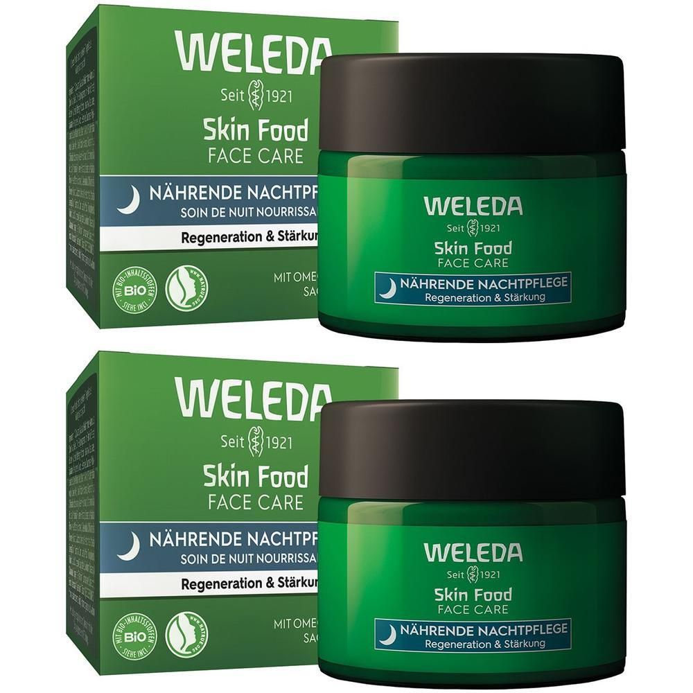 Zwei grüne Tiegel und zwei grüne Kartons von WELEDA Skin Food Nachtpflege. Aufschrift: Skin Food Face Care, Nährende Nachtpflege.