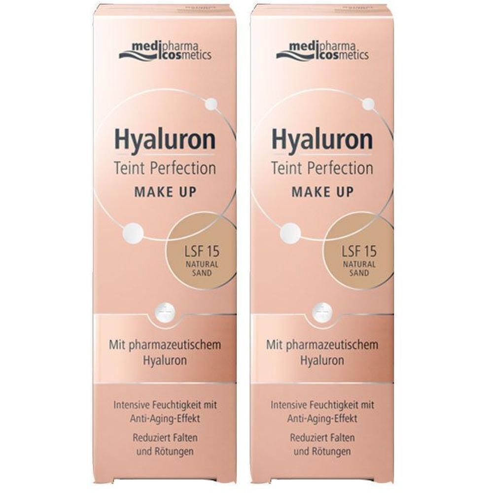 Zwei Packungen HYALURON TEINT Perfection Make-up. Beige Verpackung mit Produktnamen und LSF 15. Text: Mit pharmazeutischem Hyaluron.