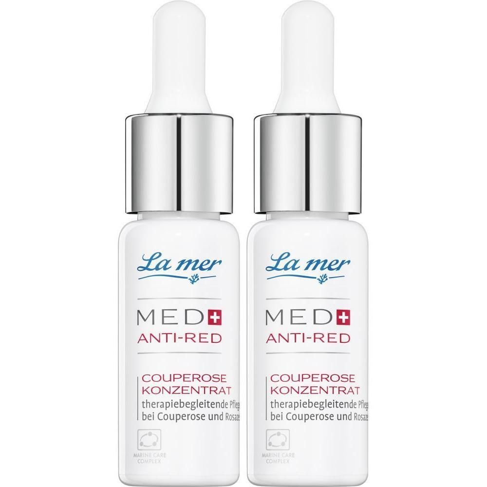 Zwei Flakons La mer MED+ Anti-Red Couperose Konzentrat. Weiße Flaschen mit silbernen Verschlüssen und Pipetten. Produktbeschriftung.