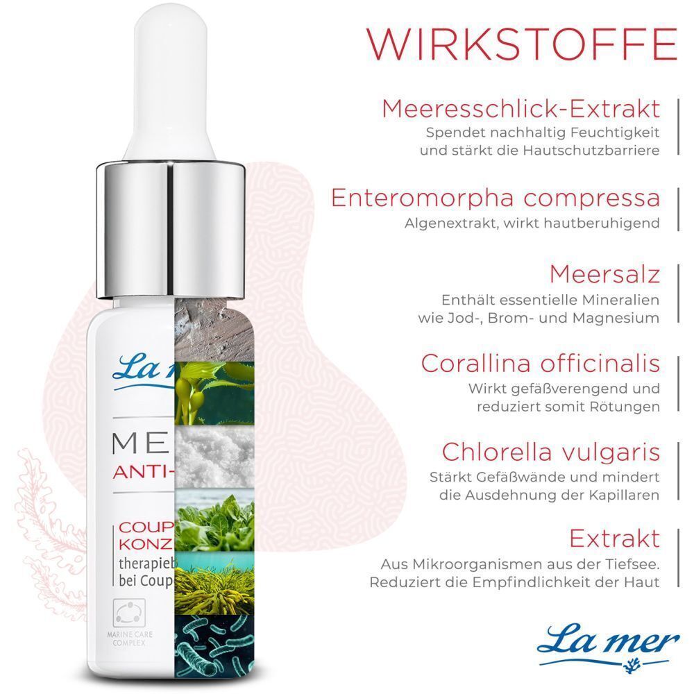 La mer MED+ Anti-Red Couperose Konzentrat. Inhaltsstoffe: Meeresschlick-Extrakt, Enteromorpha compressa, Meersalz, Corallina officinalis, Chlorella vulgaris, Extrakt.