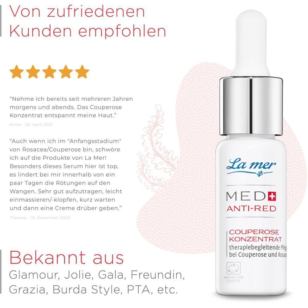 La mer MED+ Anti-Red Couperose Konzentrat. Produkt mit Kundenbewertungen. Empfohlen von zufriedenen Kunden. Erwähnt in Glamour, Jolie, Gala, Freundin, Grazia, Burda Style.