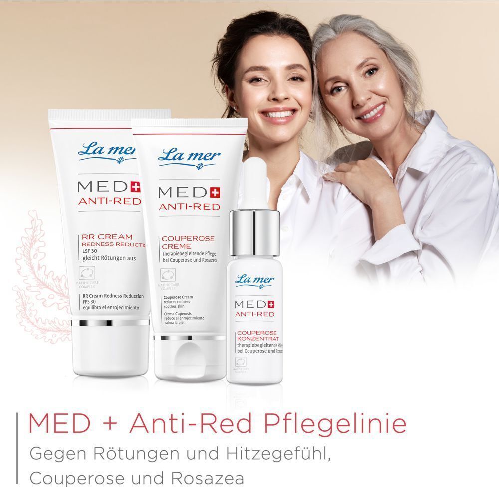 La mer MED+ Anti-Red Pflegelinie. Produkte: RR Cream, Couperose Creme, Anti-Red Konzentrat. Gegen Rötungen, Hitzgefühl, Couperose und Rosazea.