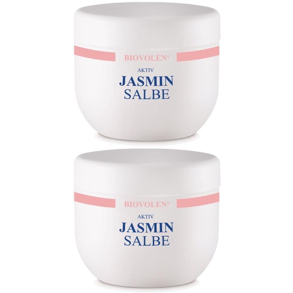 Zwei weiße Tiegel mit rosa Streifen. Aufschrift: BIOVOLEN Aktiv Jasmin Salbe.