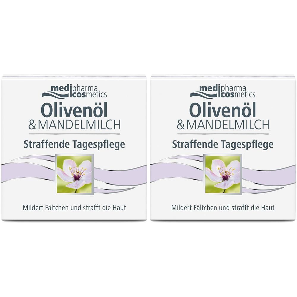 Zwei quadratische Cremetiegel mit Produktaufdruck. Aufschrift: Olivenöl & MANDELMILCH, Straffende Tagespflege. Logo: medi-pharma cosmetics.