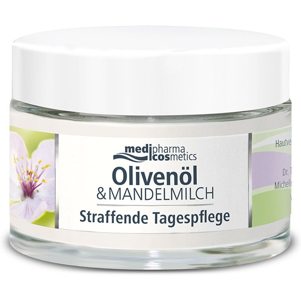 Runder Cremetiegel mit weißem Deckel. Aufschrift: Olivenöl & MANDELMILCH, Straffende Tagespflege. Logo: medi-pharma cosmetics. Etikett mit Blüte.