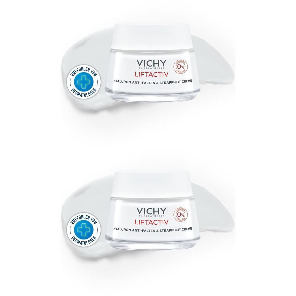 Zwei Tiegel Creme mit weißem Deckel. Aufschrift: VICHY LIFTACTIV, Hyaluron Anti-Falten & Straffheit Creme. Empfohlen für Dermatologen.