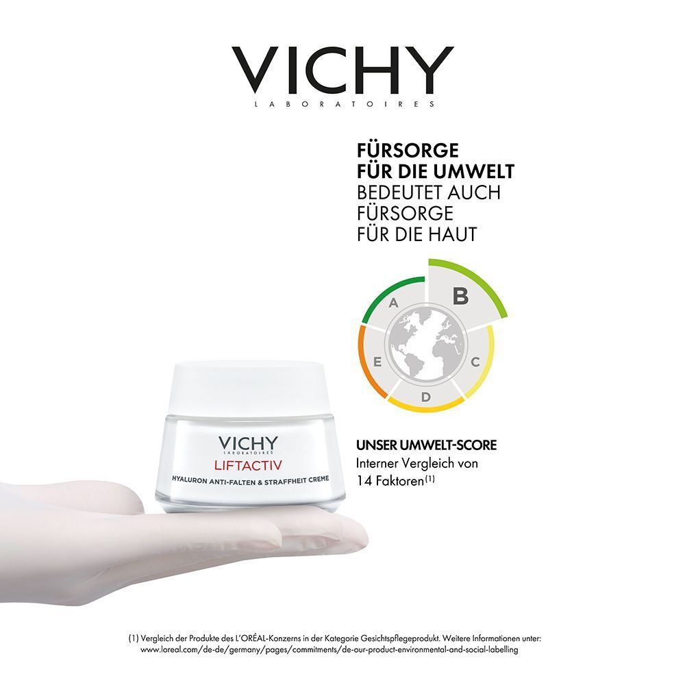 Hand hält Tiegel Creme. Aufschrift: VICHY LIFTACTIV. Umwelt-Score. Text: Fürsorge für die Umwelt bedeutet auch Fürsorge für die Haut.