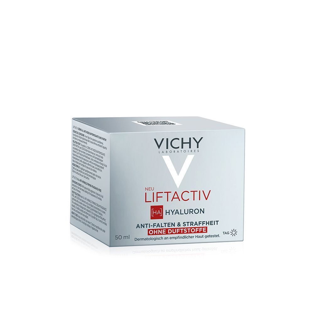 Weißer Karton. Aufschrift: VICHY LIFTACTIV, HA Hyaluron, Anti-Falten & Straffheit, Ohne Duftstoffe. 50 ml.