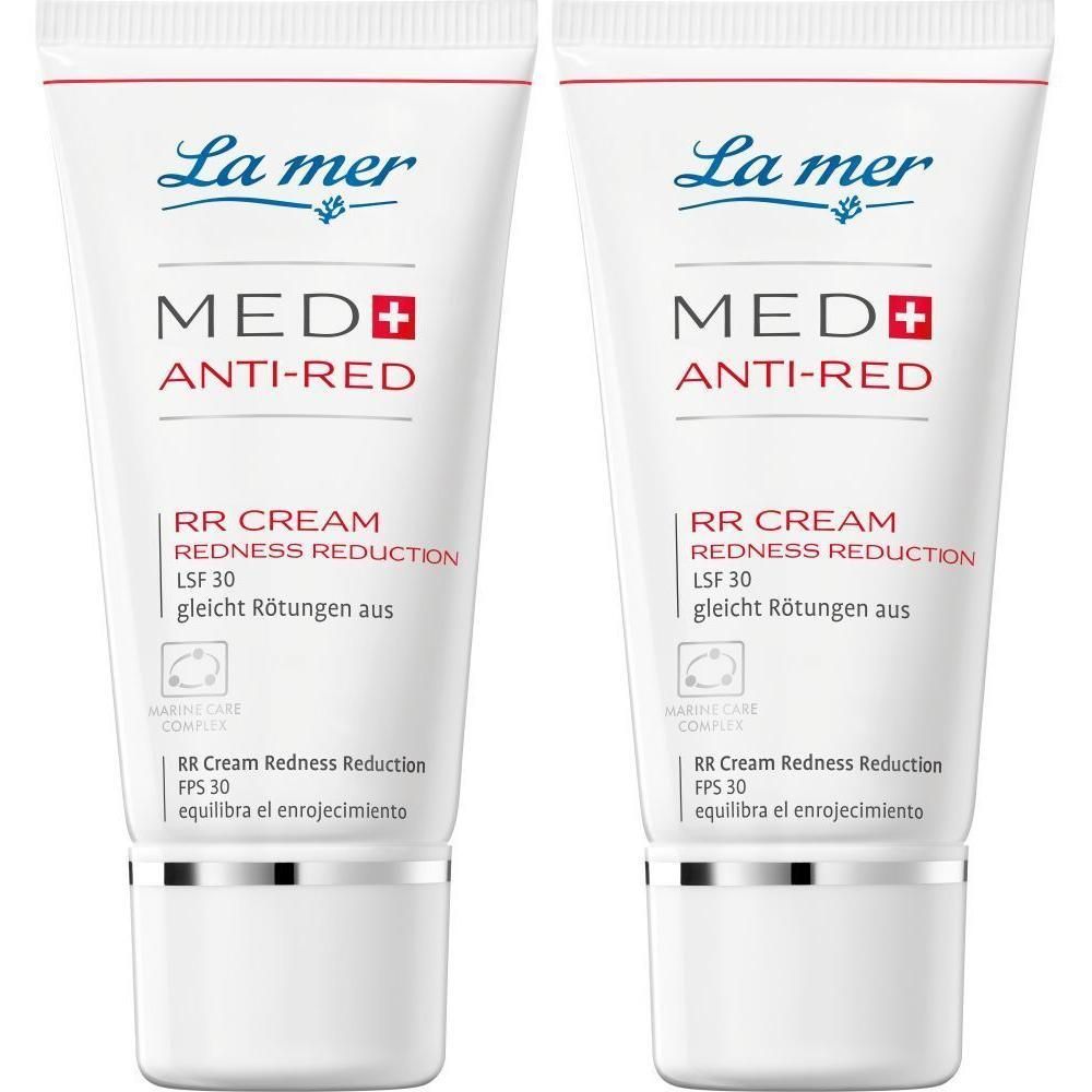 Zwei Tuben La mer MED+ Anti-Red RR Cream. Weiße Tuben mit blauer Schrift und rotem Plus-Zeichen. Deckel silberfarben.