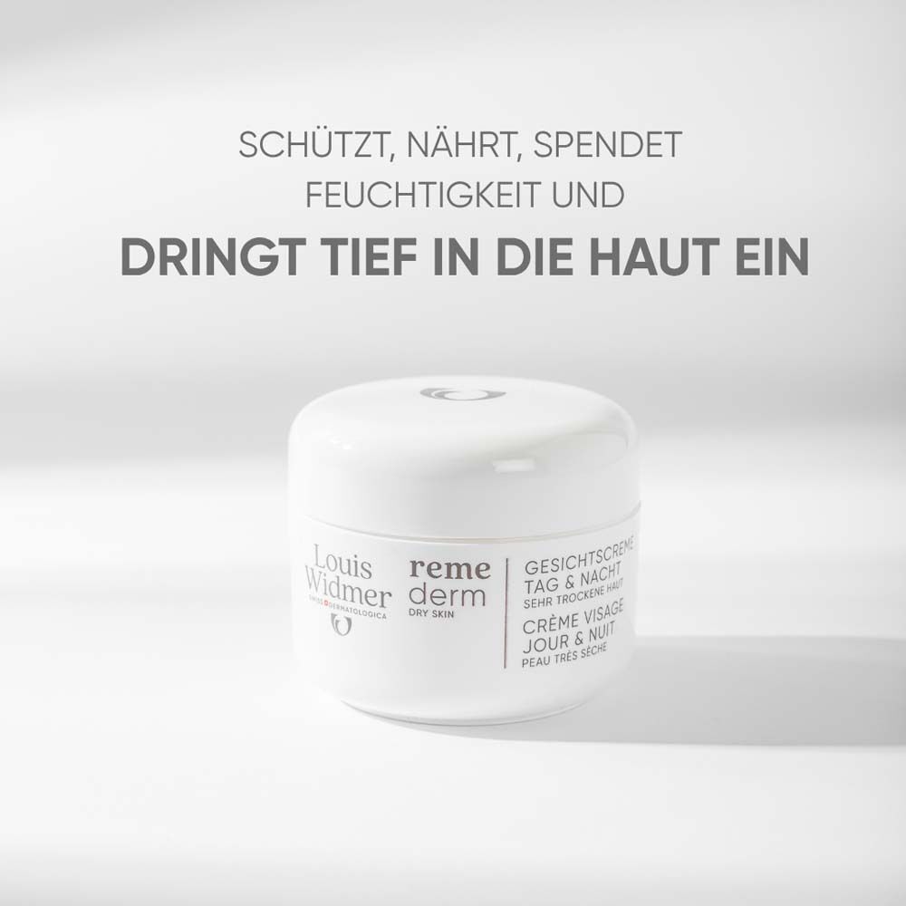 Weißer Tiegel Louis Widmer remederm Gesichtscreme Tag & Nacht. Text: Schützt, nährt, spendet Feuchtigkeit und dringt tief in die Haut ein.