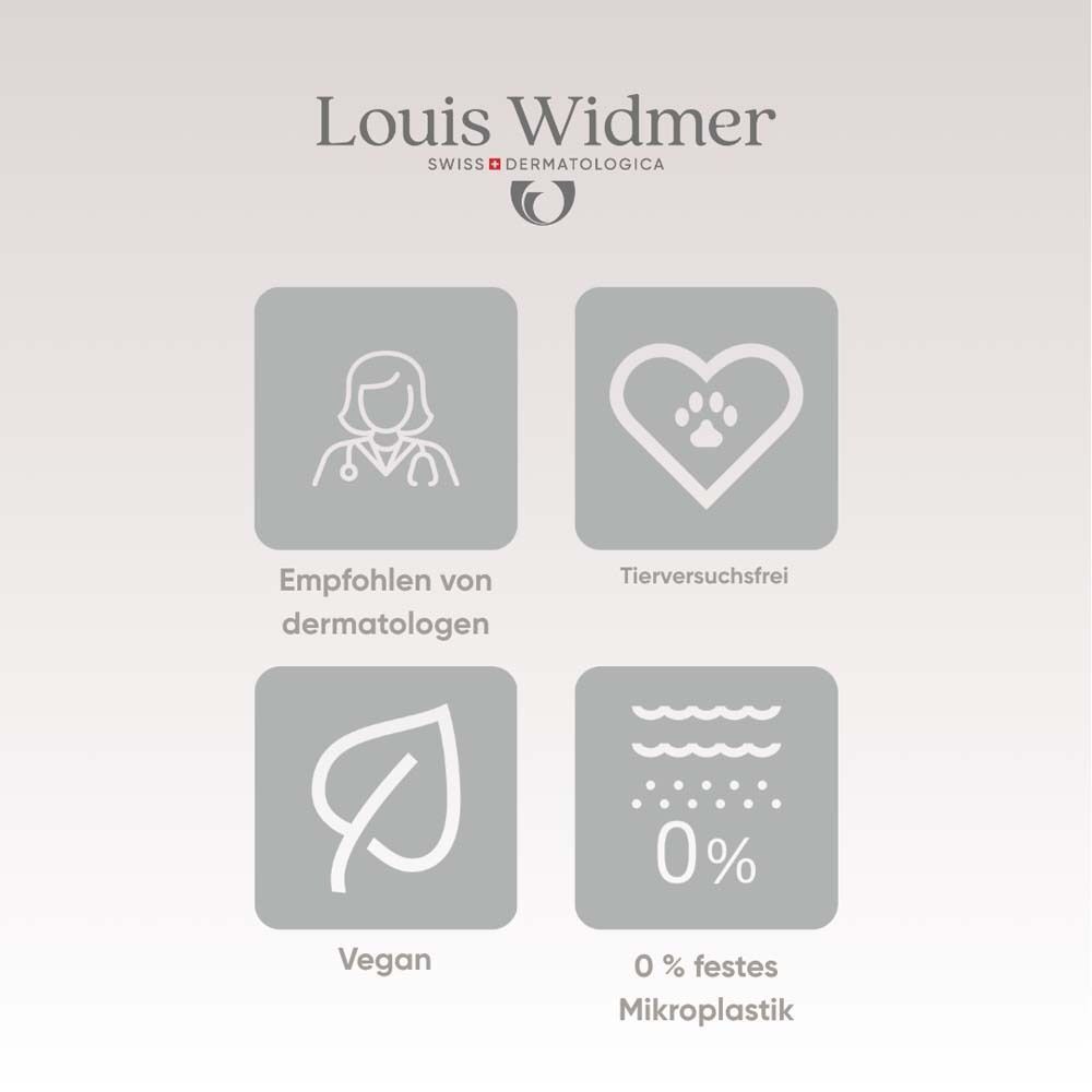 Logo Louis Widmer. Text: Empfohlen von Dermatologen, Tierversuchsfrei, Vegan, 0% festes Mikroplastik.