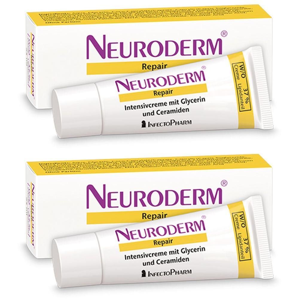 Zwei Tuben und zwei Kartons. Auf den Tuben steht "NEURODERM Repair". Auf den Kartons steht "NEURODERM Repair".