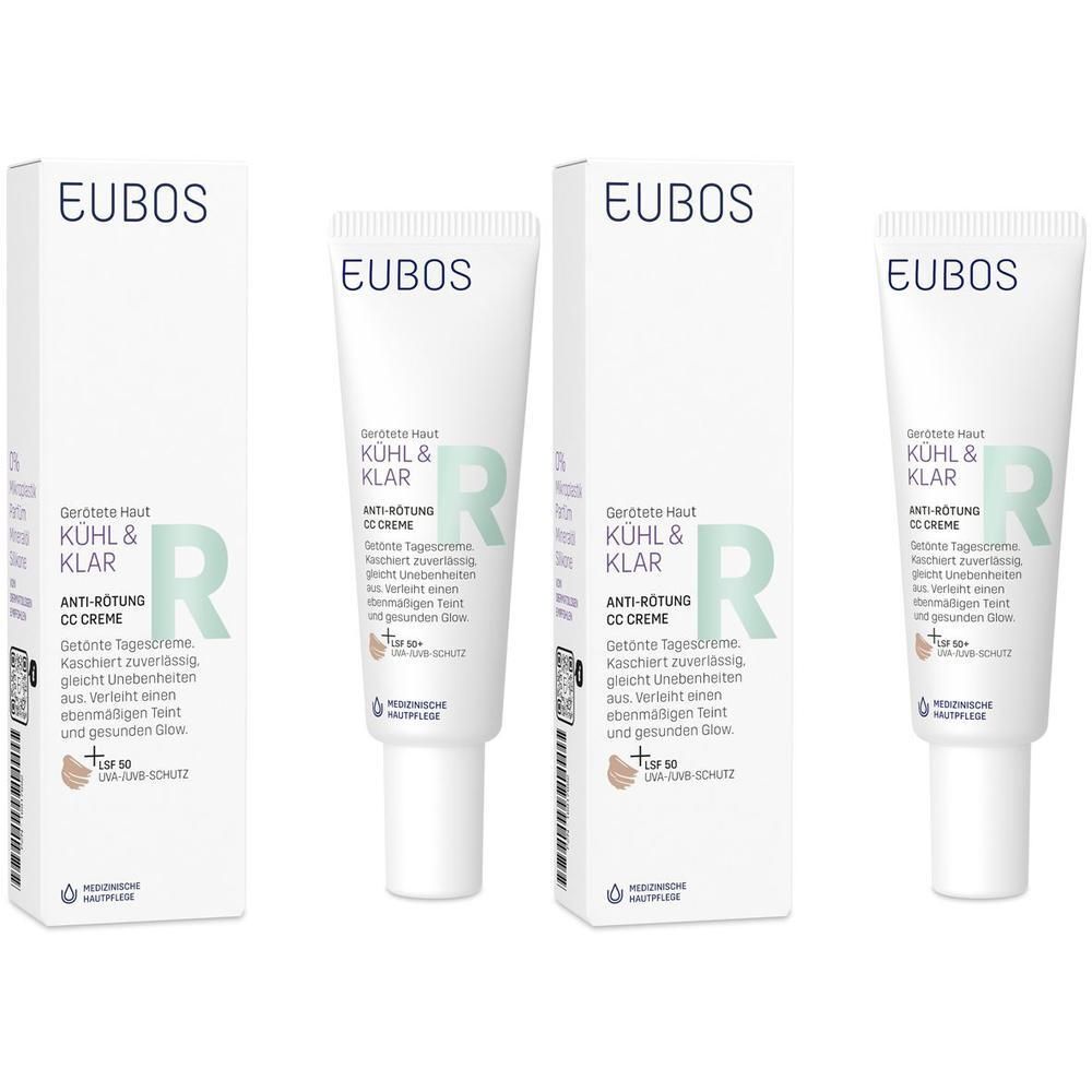 Mehrere Tuben und Verpackungen der EUBOS KÜHL & KLAR Anti-Rötung CC Creme LSF 50. Weiße Verpackung mit Produktinformationen.
