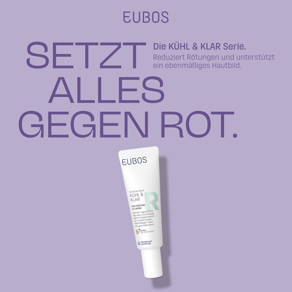 Produkt-Tube EUBOS KÜHL & KLAR Anti-Rötung CC Creme LSF 50 vor lila Hintergrund. Text: Setzt alles gegen Rot.