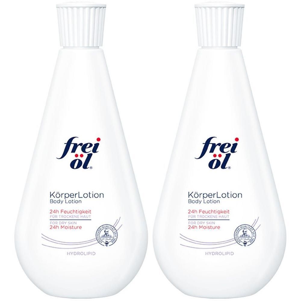 Zwei weiße Flaschen mit weißem Deckel. Auf jeder Flasche steht "frei öl" und "KörperLotion".