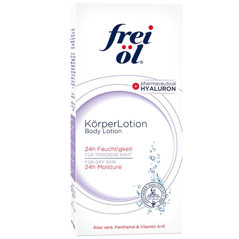 Weiße Verpackung mit "frei öl" und "KörperLotion". Text: 24h Feuchtigkeit, für trockene Haut, 24h Moisture.