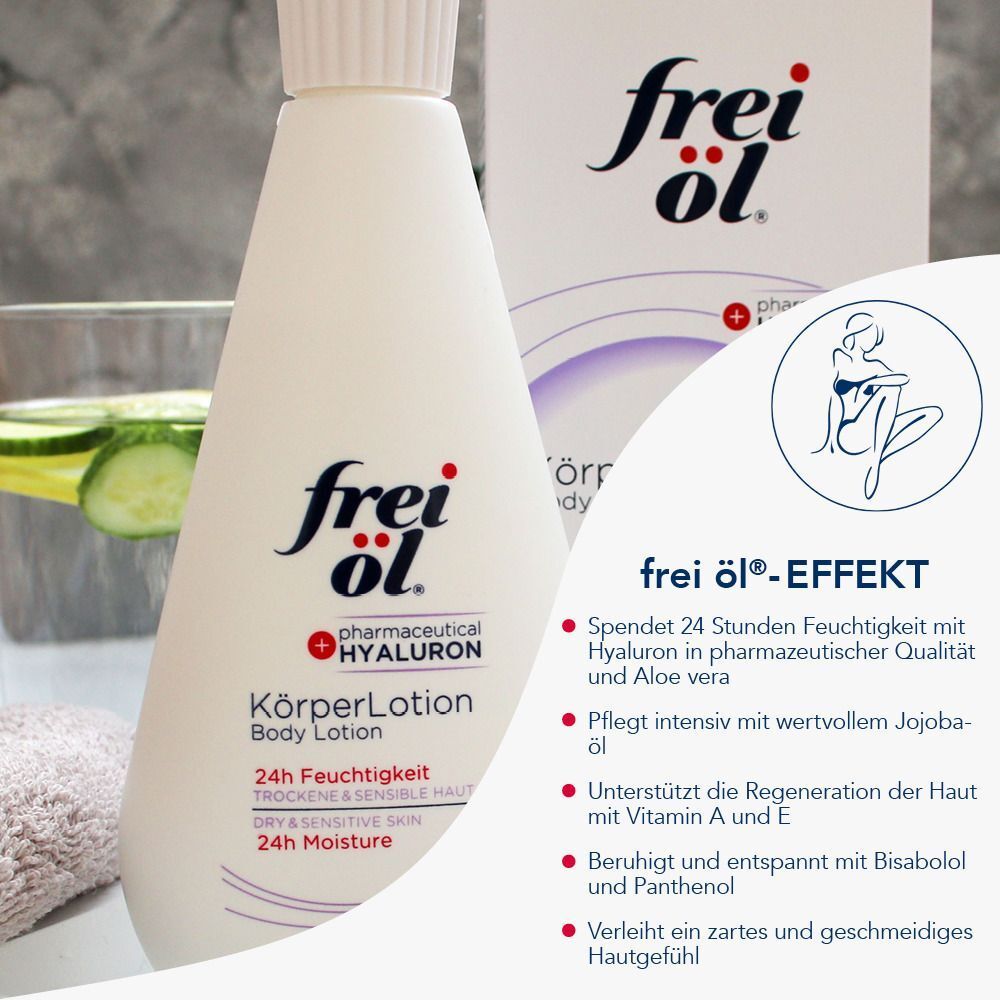 Weiße Flasche mit "frei öl" und "KörperLotion". Text: 24h Feuchtigkeit, trockene & sensible Haut, 24h Moisture.
