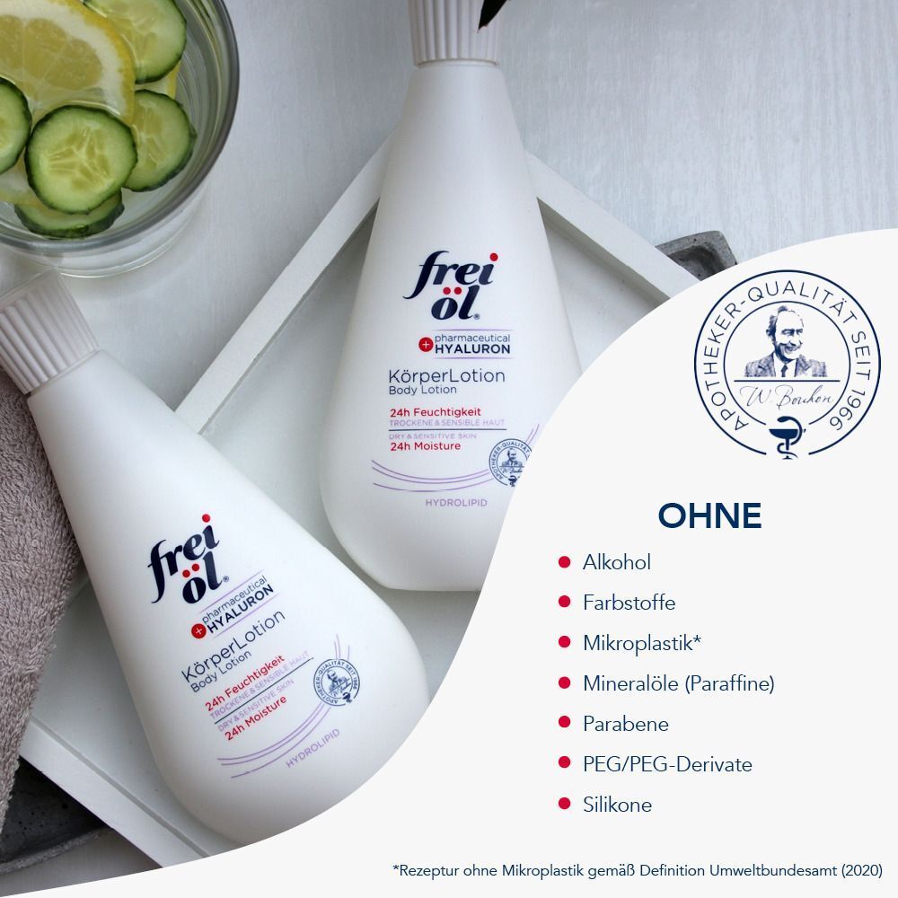 Zwei weiße Flaschen mit "frei öl" und "KörperLotion". Text: 24h Feuchtigkeit, 24h Moisture. Ohne: Alkohol, Farbstoffe, etc.