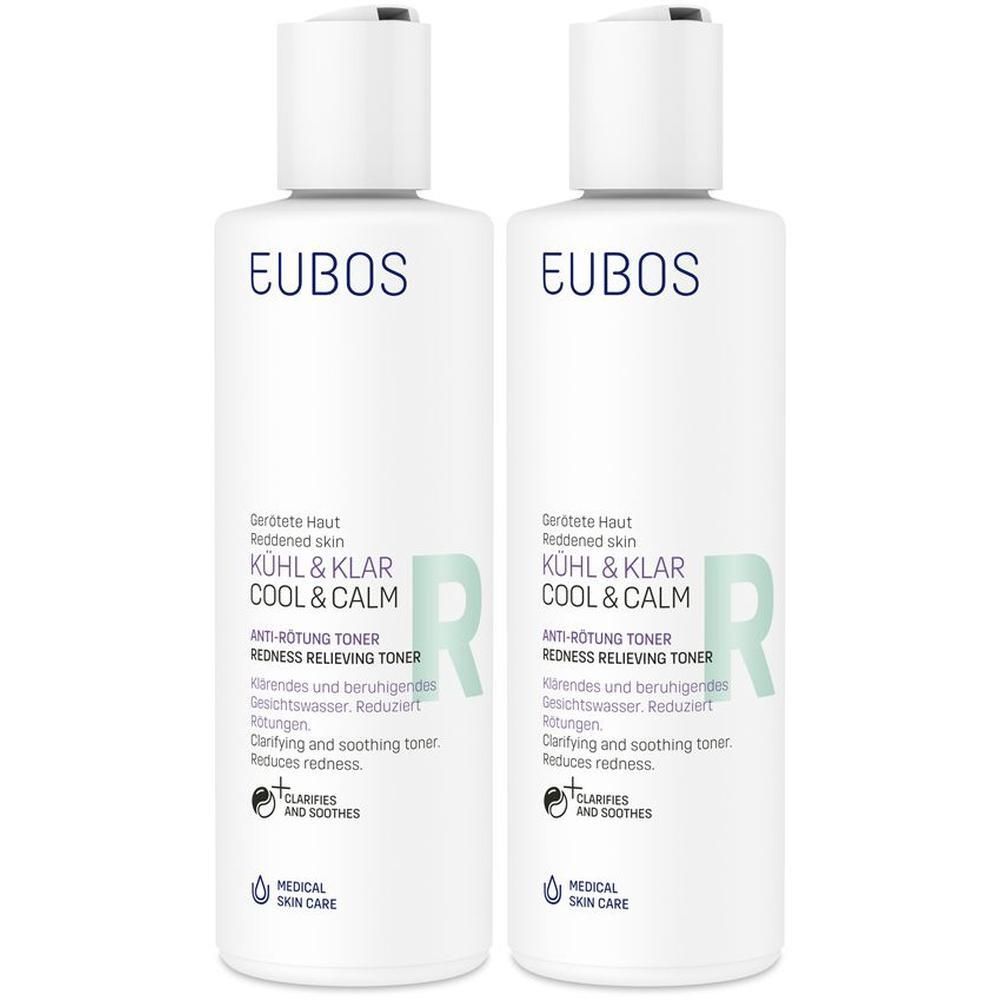 Zwei weiße Flaschen EUBOS KÜHL & KLAR Anti-Rötung Toner. Aufschrift: KÜHL & KLAR COOL & CALM, Anti-Rötung Toner, Medizinische Hautpflege.