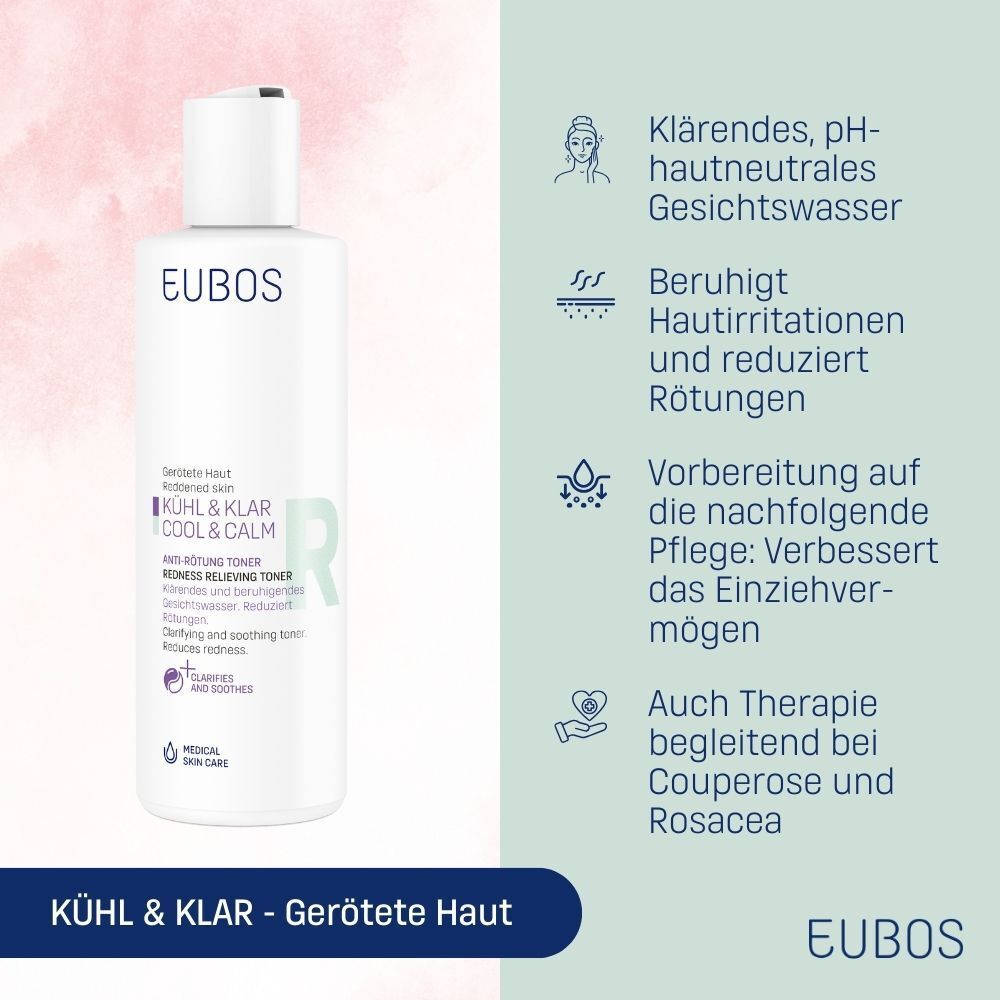 EUBOS KÜHL & KLAR Anti-Rötung Toner Flasche. Text: KÜHL & KLAR COOL & CALM, Anti-Rötung Toner. Illustrationen und Text über Vorteile.