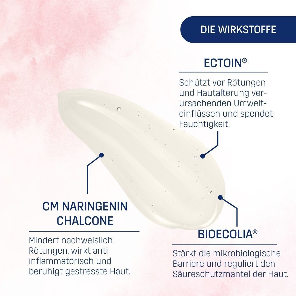 Nahaufnahme einer Creme-Textur. Beschriftungen: Ectoin, CM Naringenin Chalcone, Bioecolia. Text über Wirkstoffe und deren Wirkung.