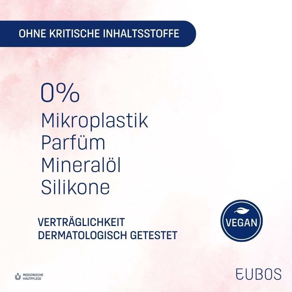 Text auf rosa Hintergrund: 0% Mikroplastik, Parfum, Mineralöl, Silikone. Vegan-Siegel. Dermatologisch getestet.