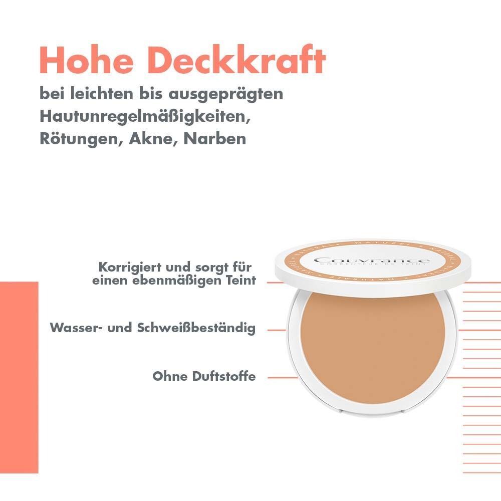 Kompaktes Creme-Make-up mit geöffnetem Deckel. Runde, beige Make-up-Puder in weißem Behälter. Text: Couvrance. Text in deutscher Sprache.