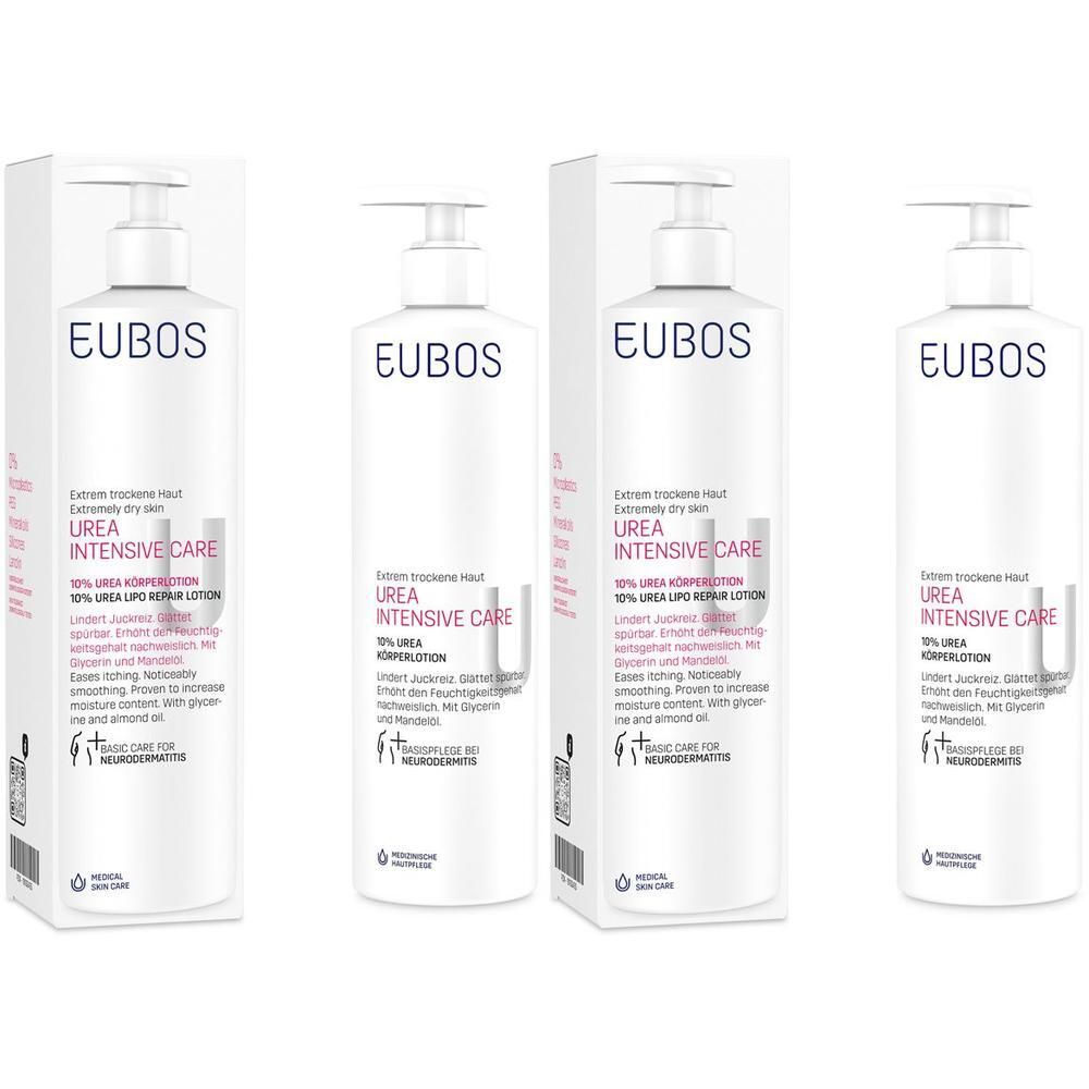 Vier Flaschen mit weißem Pumpkopf und Verpackung. Aufschrift: EUBOS UREA INTENSIVE CARE. Medizinische Hautpflege.