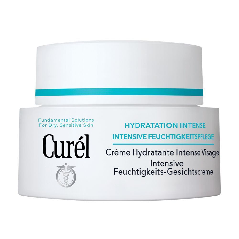 CUREL Intensive Feuchtigkeits-Gesichtscreme-Tiegel. Weiß mit türkisfarbenem Deckel. Text: Hydratation Intense, Intensive Feuchtigkeits-Gesichtscreme.