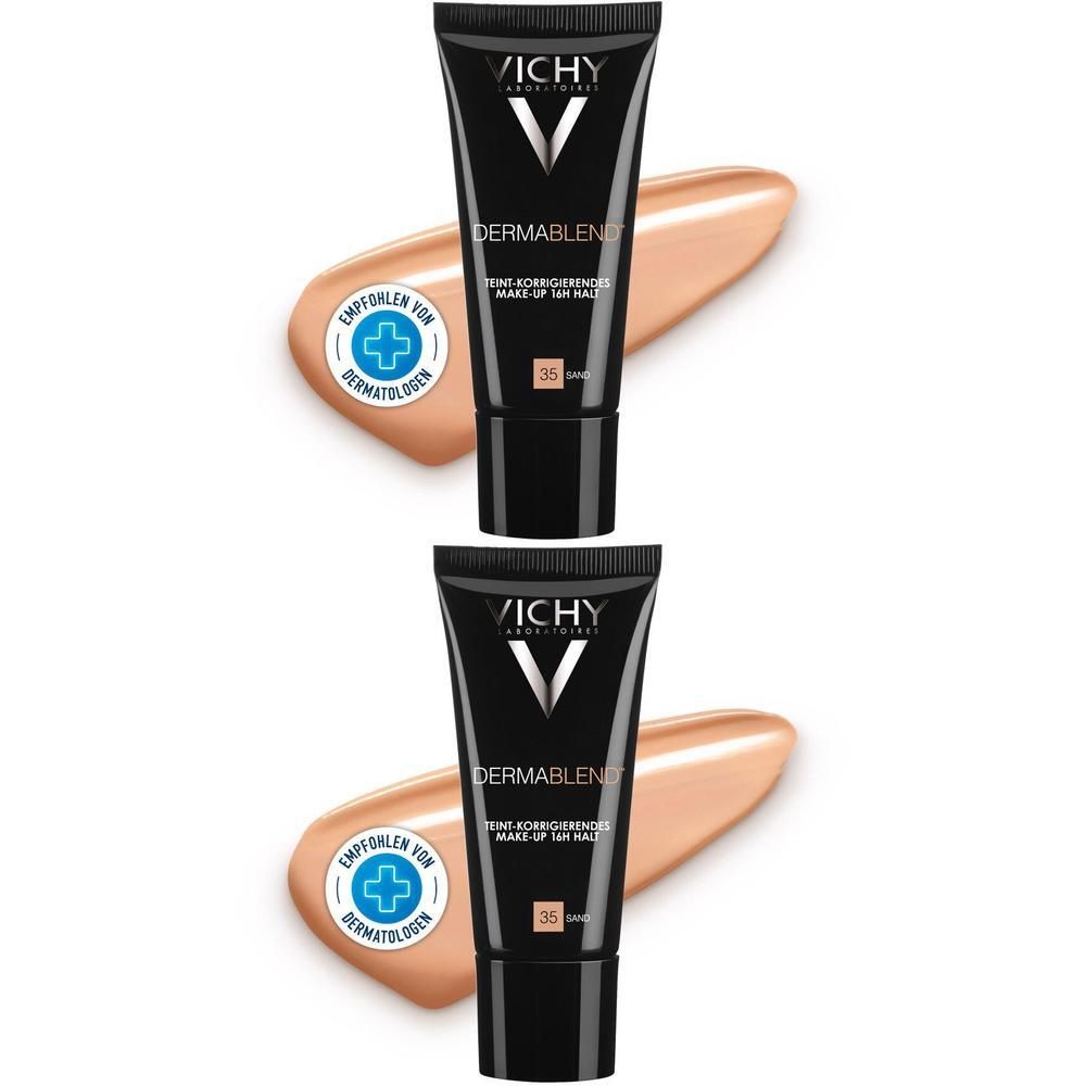 Zwei Tuben VICHY DERMABLEND Make-up 35. Schwarze Tuben mit Produkt-Ausstrich. Aufschrift: DERMABLEND, 35. Mit Dermatologen empfohlen.