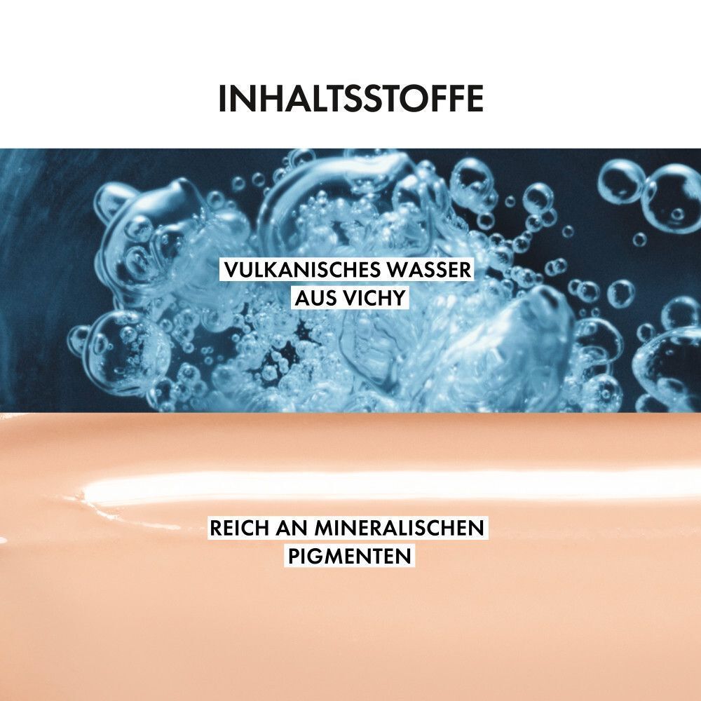 Text: Inhaltsstoffe. Vulkanisches Wasser aus Vichy. Reich an mineralischen Pigmenten. Abbildung von Wasser und Produkt.