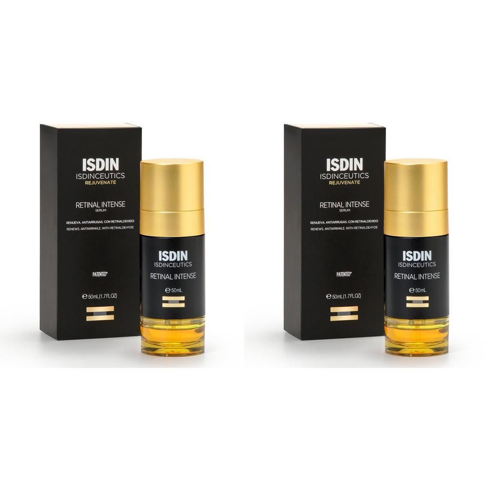 Zwei Flaschen Isdinceutics Retinal Intense Serum mit Verpackung. Schwarze Schachtel mit Produktnamen und Logo. Goldfarbene Kappe.