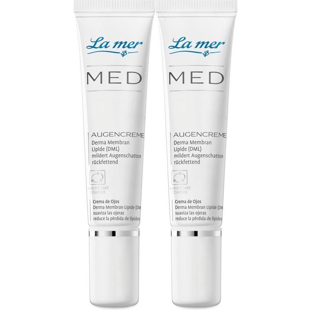 Zwei Tuben Augencreme. Weiße Tuben mit blauem Schriftzug La mer MED. Text: Augencreme, Derma Membran Lipide, mildert Augenschatten.