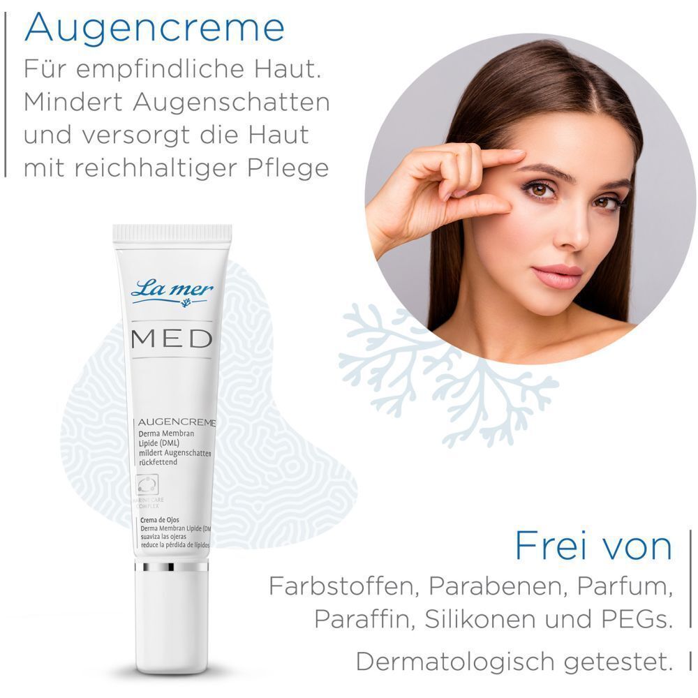 Augencreme-Tube neben Frau. Text: Augencreme für empfindliche Haut. Mindert Augenschatten. Frei von Farbstoffen, Parabenen, Parfum, Paraffin, Silikonen und PEGs.