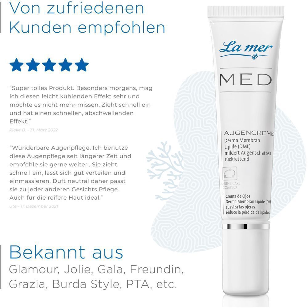 Augencreme-Tube mit Kundenbewertungen. Text: Von zufriedenen Kunden empfohlen. Bekannt aus Glamour, Jolie, Gala, Freundin, Grazia, Burda Style, PTA, etc.