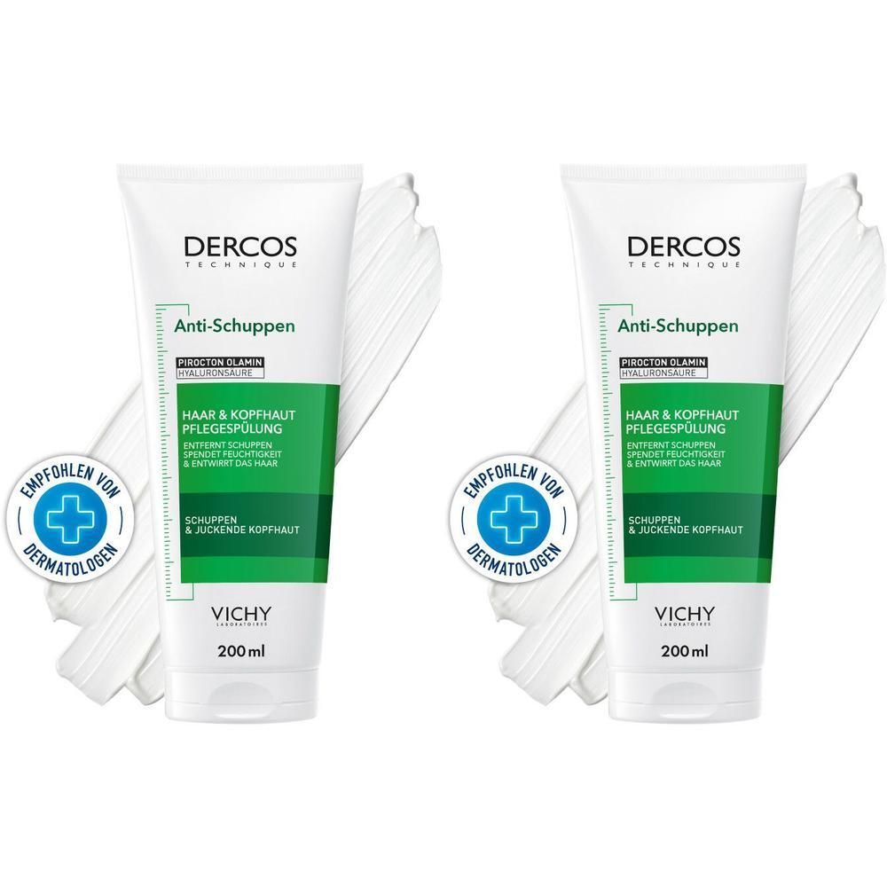 Zwei Tuben VICHY DERCOS Anti-Schuppen Conditioner. Weiß, mit grünen und blauen Akzenten. Text: Anti-Schuppen, 200 ml, empfohlen von Dermatologen.