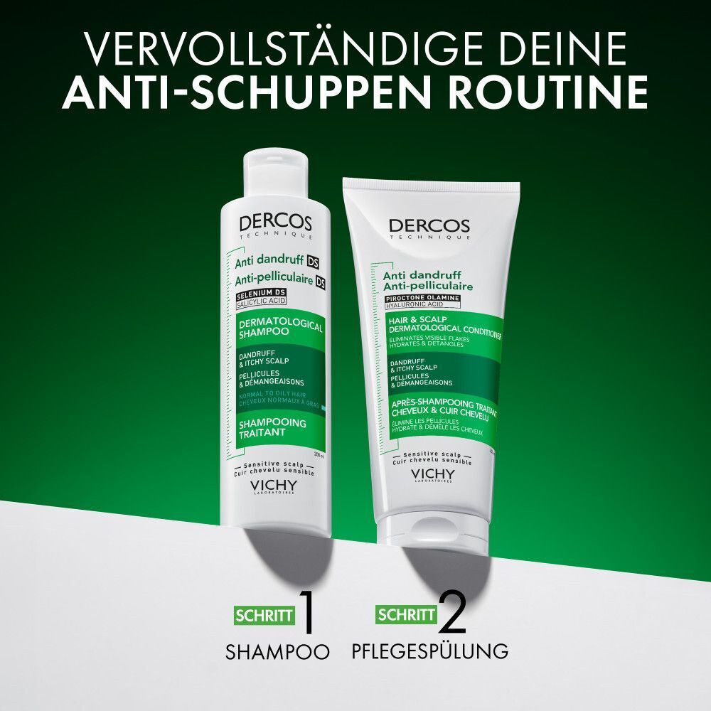 Zwei Produkte: VICHY DERCOS Anti-Schuppen Shampoo und Conditioner. Grün und weiß. Text: Schritt 1 Shampoo, Schritt 2 Pflegespülung.
