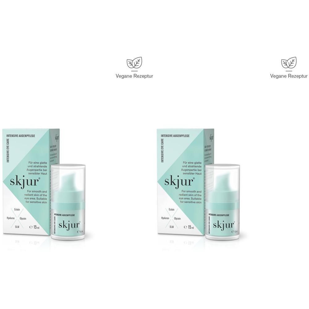 Zwei Flaschen Augenpflege Creme mit Verpackung. Auf der Verpackung steht "skjur". Vegan-Siegel.