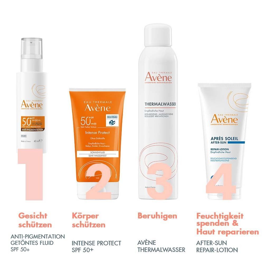Vier Produkte. 1: Anti-Pigmentation getöntes Fluid SPF 50+. 2: Intense Protect SPF 50+. 3: AVENE Thermalwasser. 4: After-Sun Repair-Lotion.