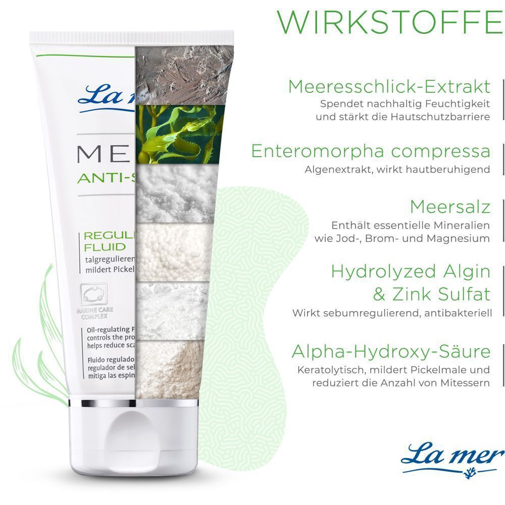 Schnitt durch eine Tube LA MER MED+ Fluid. Inhaltsstoffe: Meereschlick-Extrakt, Algenextrakt, Meersalz, Zink Sulfat, Alpha-Hydroxy-Säure.