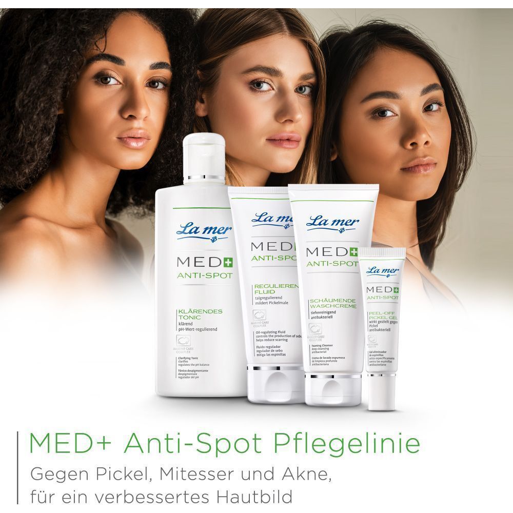 Produktlinie LA MER MED+ Anti-Spot. Produkte: Reinigendes Tonic, Fluid, Creme. Gegen Pickel, Mitesser und Akne.