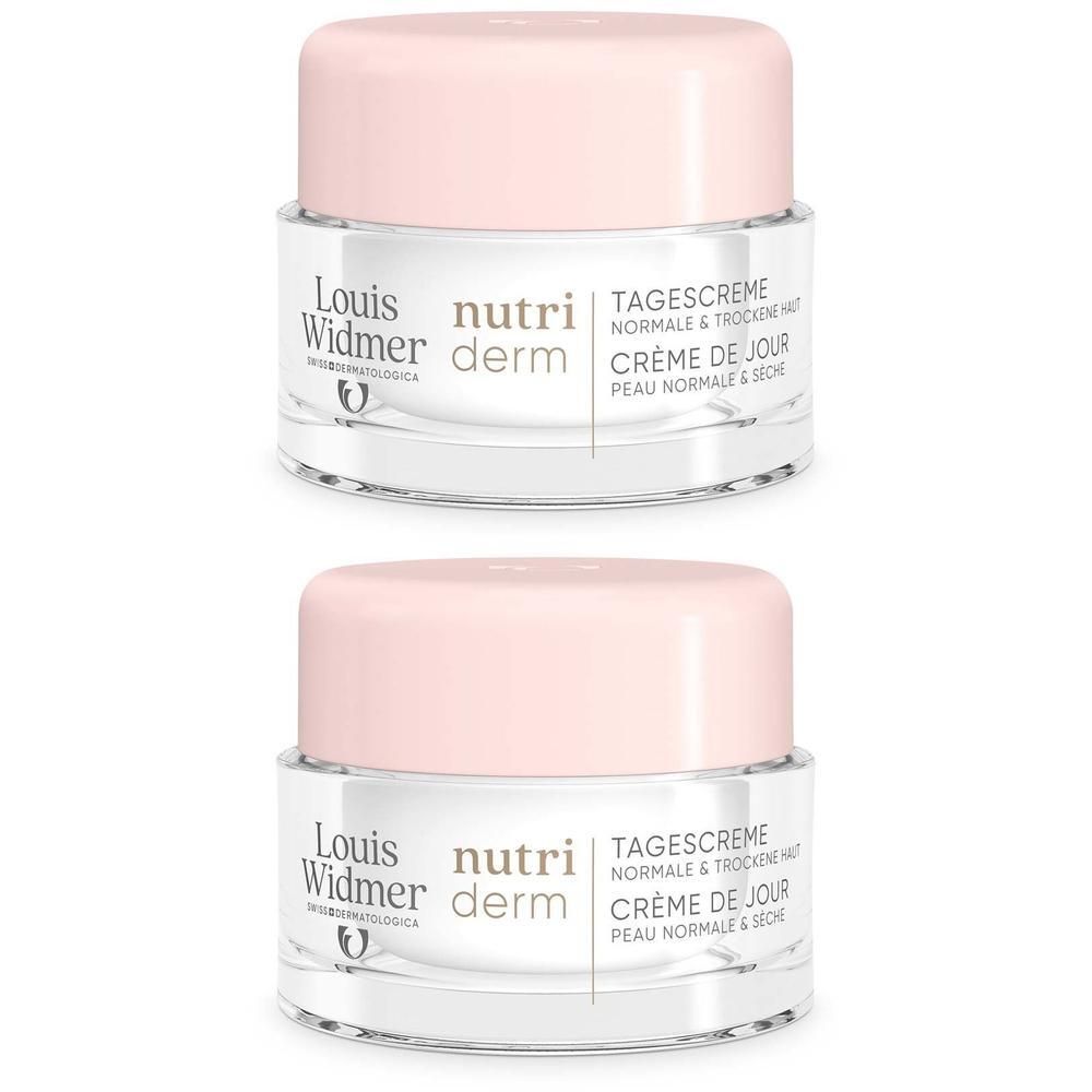 Zwei Tiegel Tagescreme mit rosa Deckel. Aufschrift: Louis Widmer, nutriderm, Tagescreme, Crème de Jour.