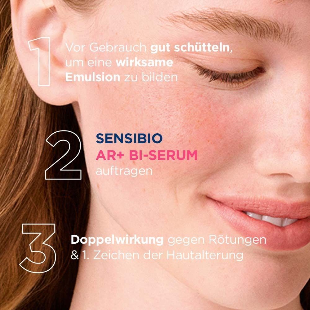 Gesicht einer Frau mit Sensibio AR+ Bi-Serum. Zahlen 1, 2, 3 markieren Schritte. Text auf Deutsch.