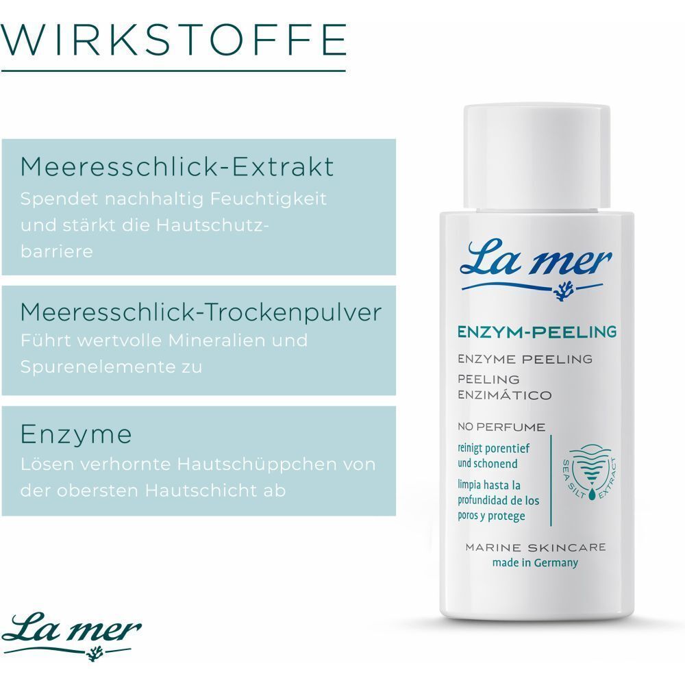 Weiße Flasche mit La mer Enzym-Peeling-Etikett. Text: Enzym-Peeling, No Perfume, Marine Skincare. Hergestellt in Deutschland. Wirkstoffe-Informationen.