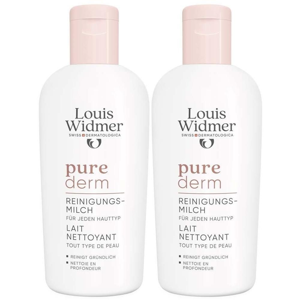 Zwei Flaschen Louis Widmer purederm Reinigungsmilch. Weiße Flaschen mit rosa Deckel. Text: Reinigungsmilch, für jeden Hauttyp, Lait nettoyant.